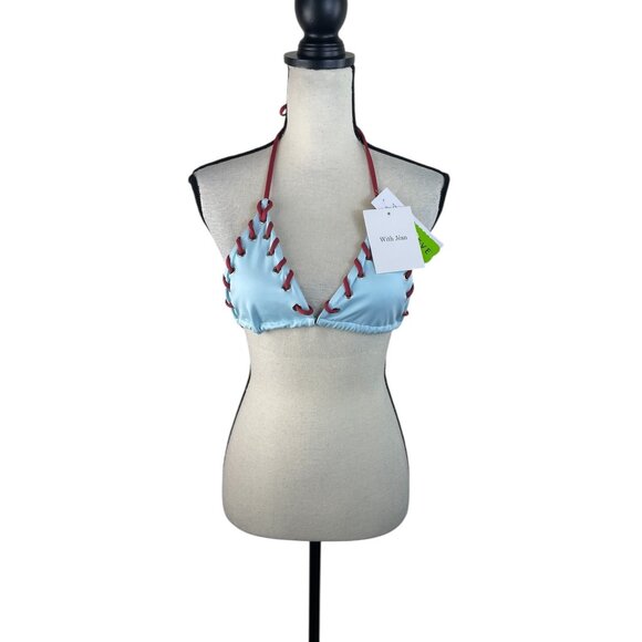 With Jéan Other - With Jéan Juni Bikini Top Baby Blue & Red Lace-Up Recycled Fabric Adjustable Hal
